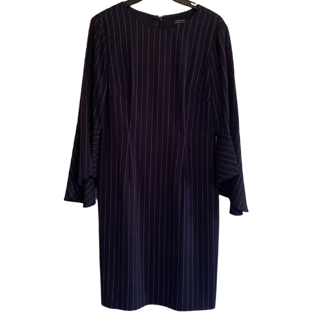 Tahari Navy Blue Pinstripe Dress with Bell Sleeves-Size 8